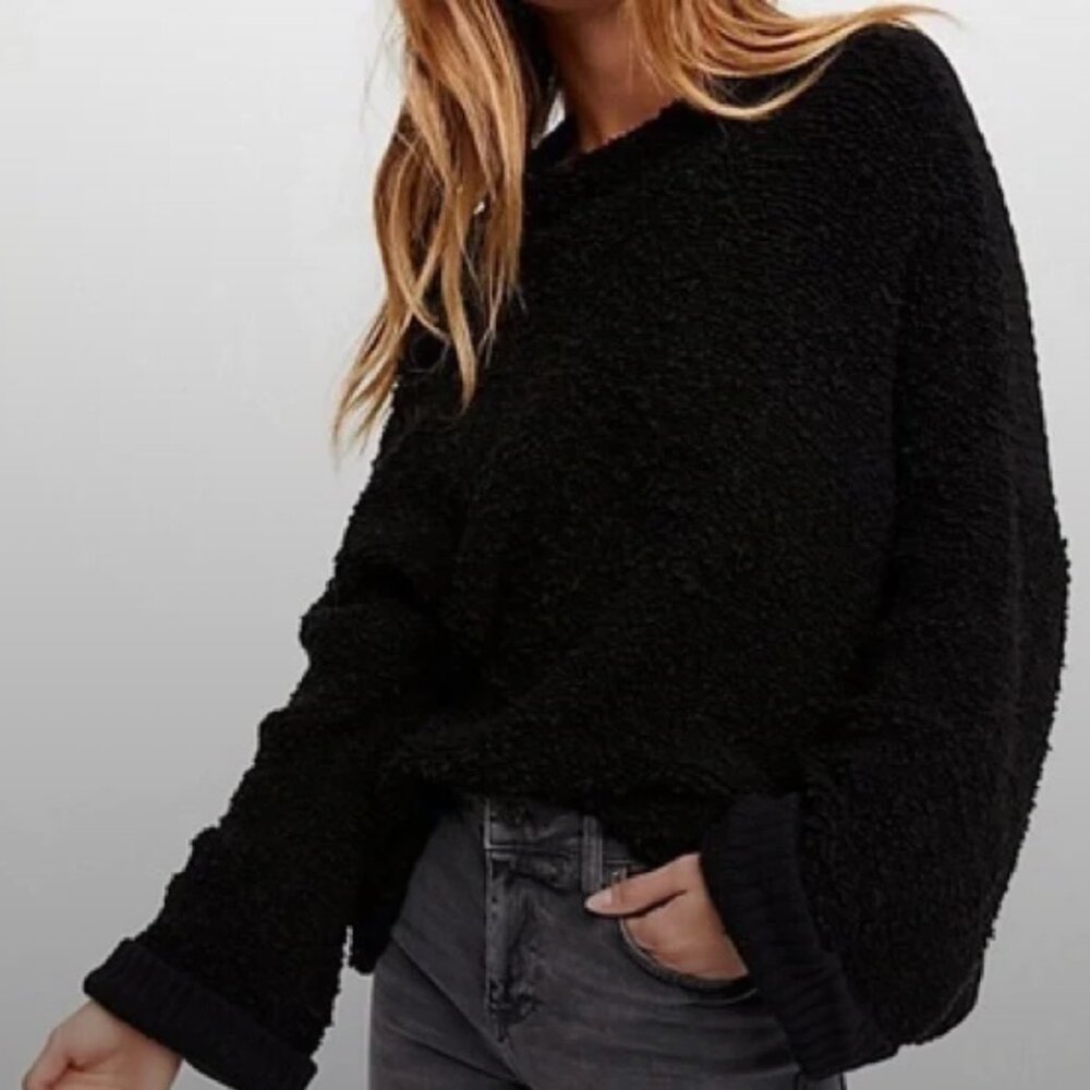 Free People Black Cuddle Up Teddy Knit Oversized Long Sleeve Sweater
